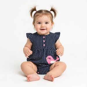 Carters Romper All Floral Background Appliquéd Bird Button Details Cap Sleeve
